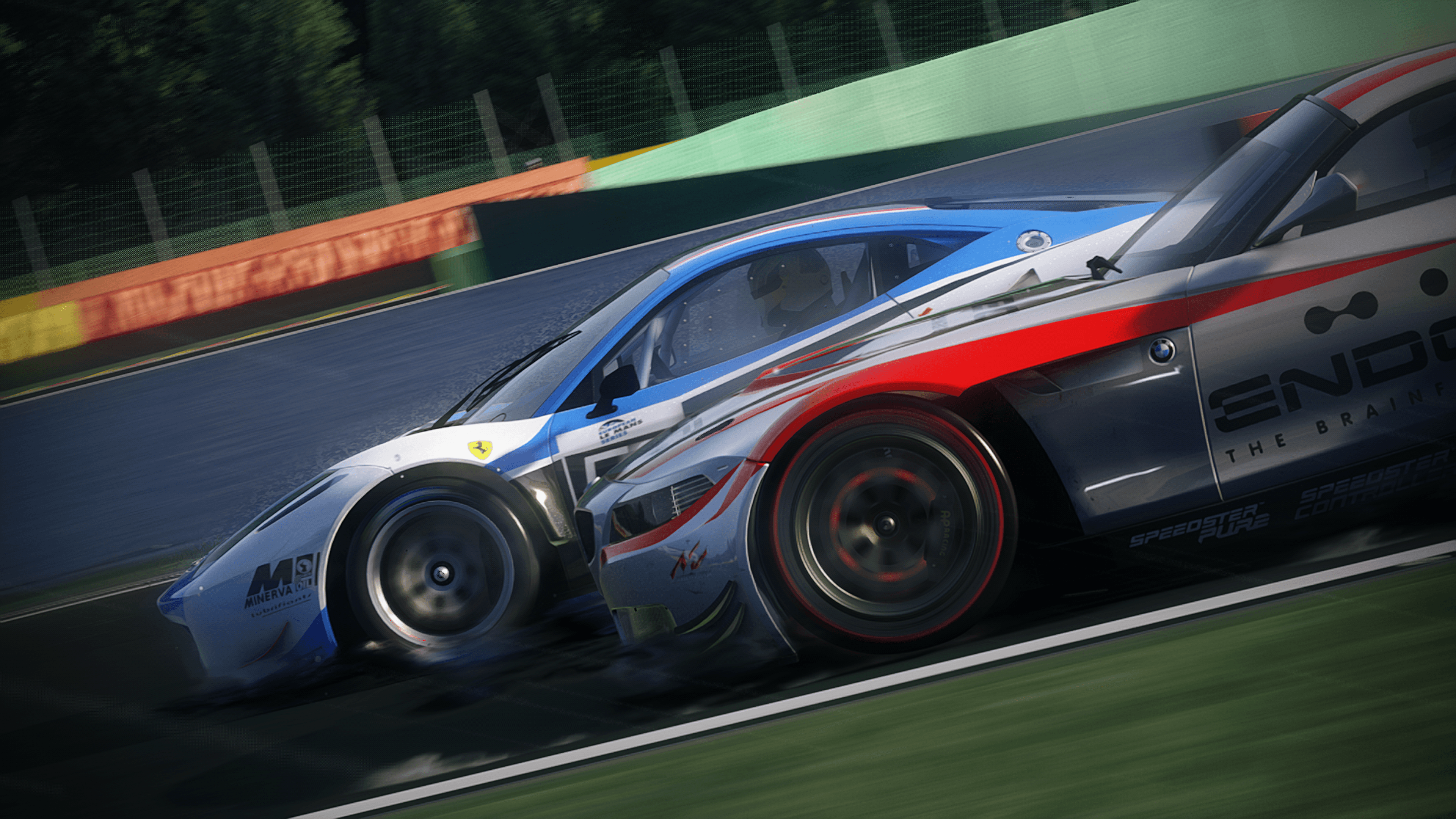 Two GT cars racing side by side